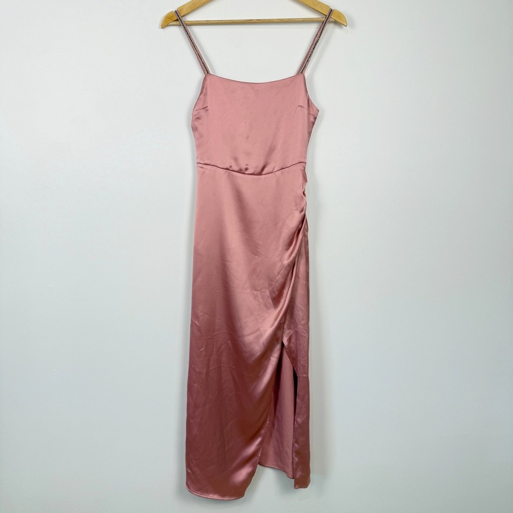 Zara Satin Beaded Strap Midi Slip Dress Womens XS Dusty Rose Coquette Party